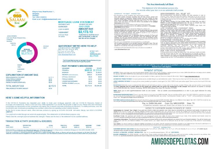 Extrato de hipoteca do Banco Dara Salaam da Somália em formatos Word e PDF 1 2 exemplo real